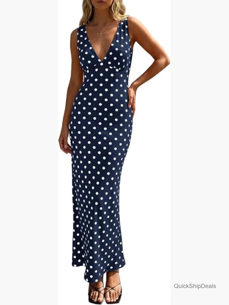 Women's V-Neck Sleeveless Bodycon Maxi Dress With Polka Dot